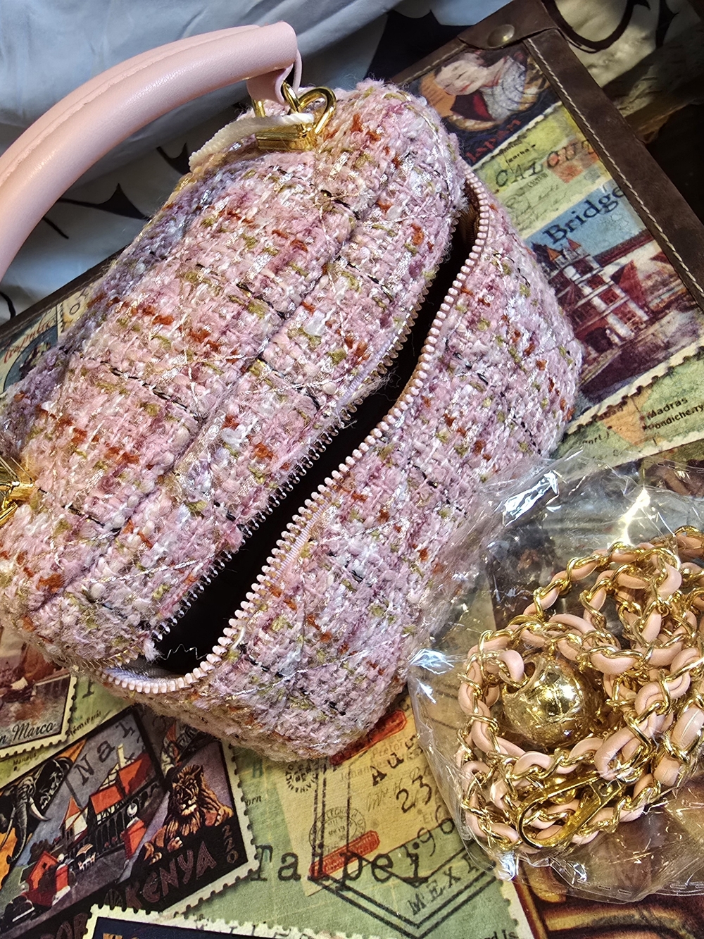 Francesca's Collections Pink Tweed Mini Top-Handle Bag with Gold Chain
